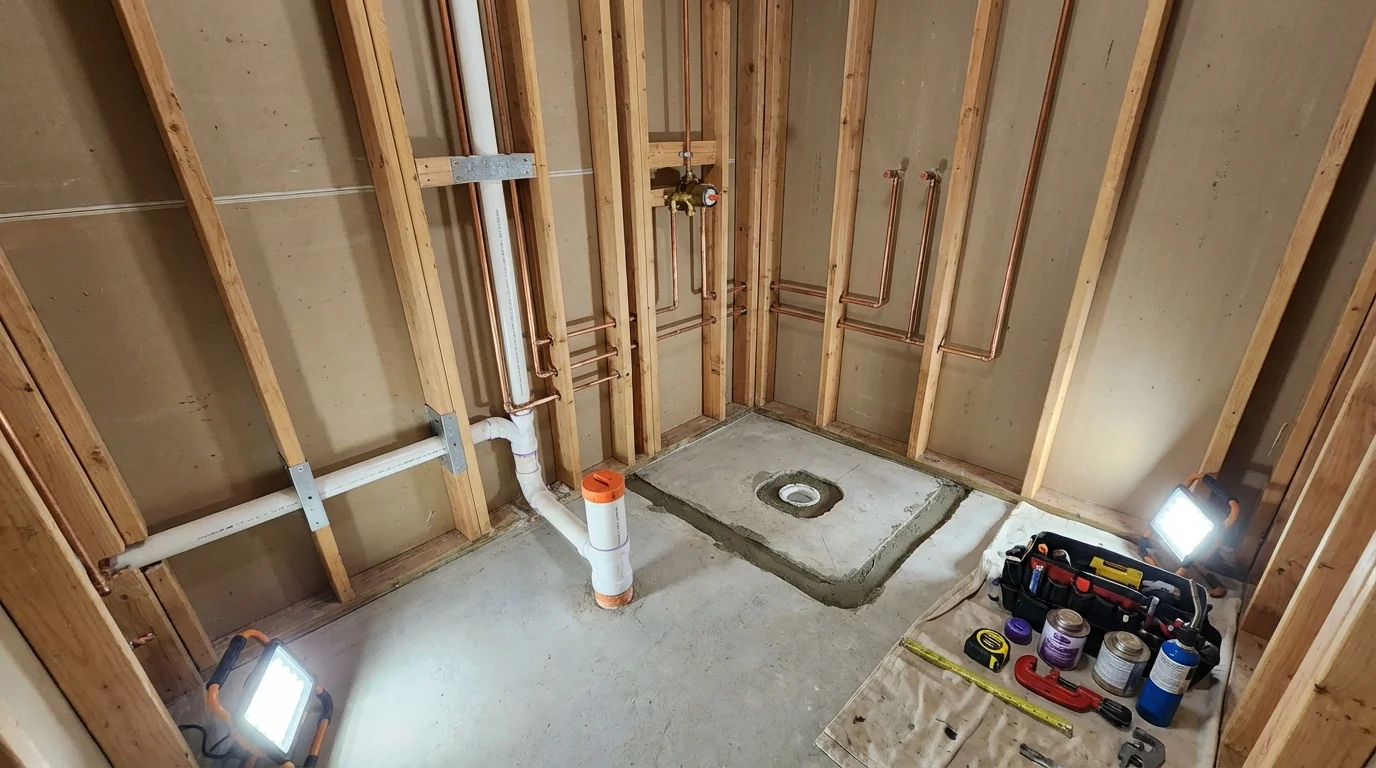 Bathroom rough-in plumbing during remodel by Johns Plumbing LLC in Bourbon