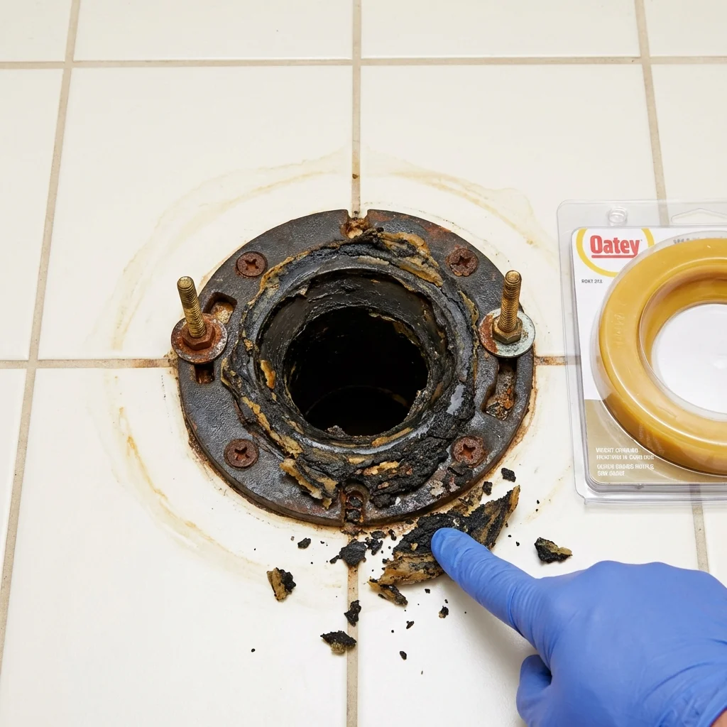 Failed wax ring showing water seepage at the base of a toilet in a Bourbon, MO home