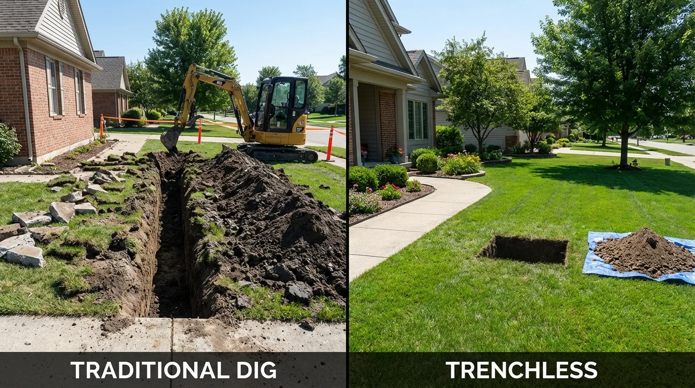 Trenchless sewer repair with minimal yard damage versus traditional excavation in Bourbon, MO