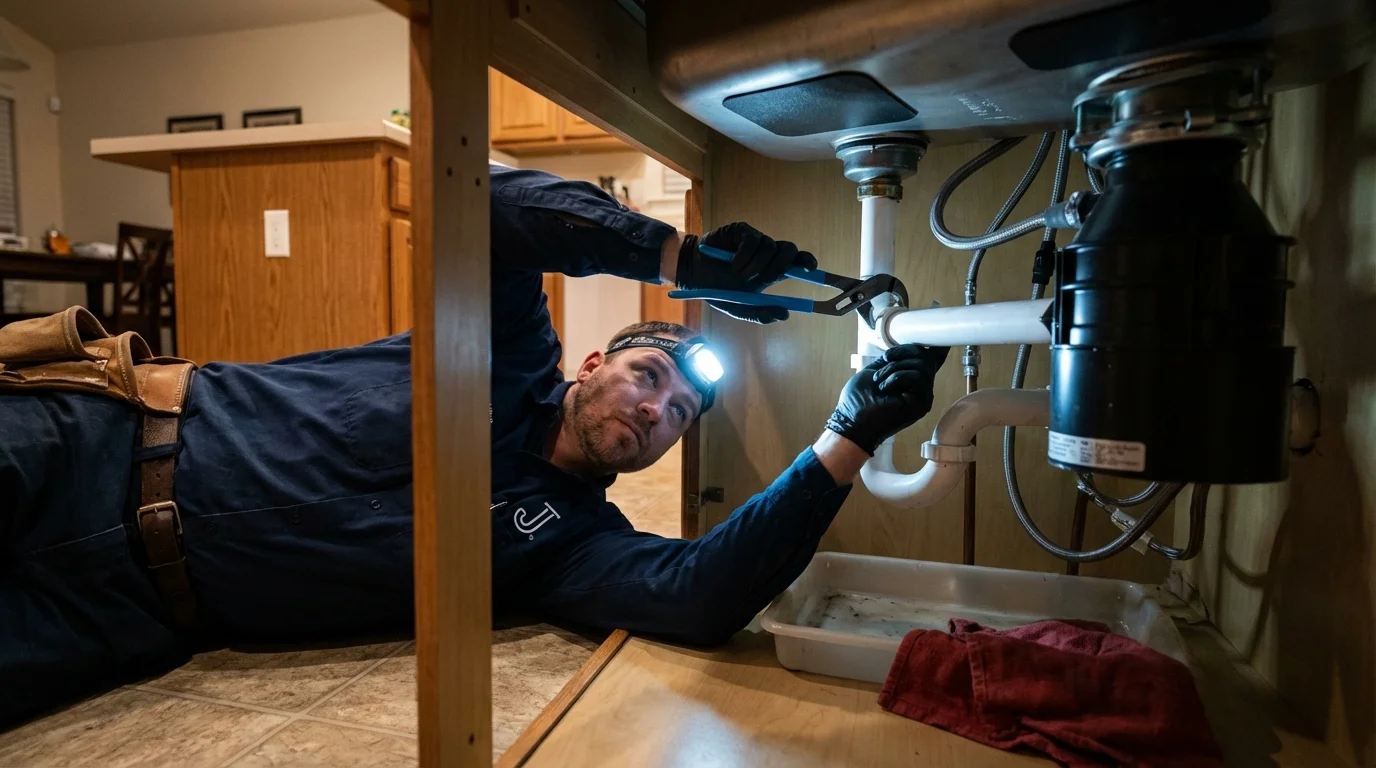 P-trap and supply line connections under a kitchen sink showing a common leak point in Bourbon, MO